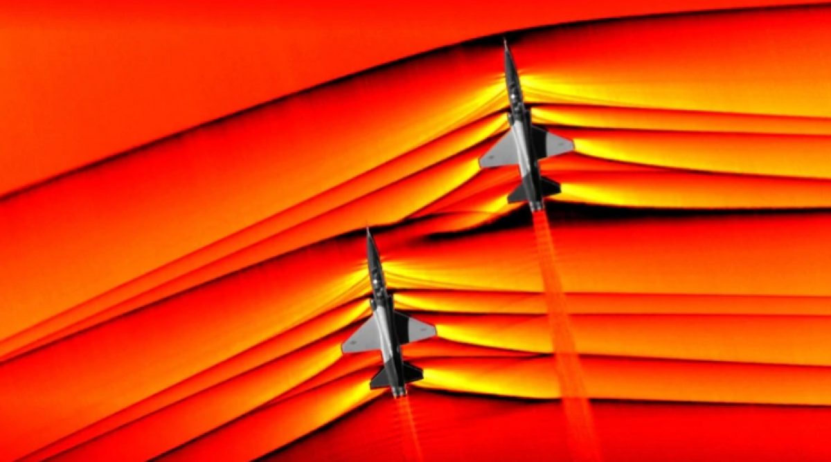 La primera imagen de las ondas de choque interactivas que producen dos aviones supersónicos de la NASA
