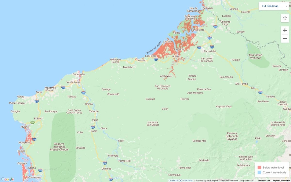La zona costera de Esmeraldas (sombreado con rojo) se inundaría hasta 2050. Mapa de Climate Central.