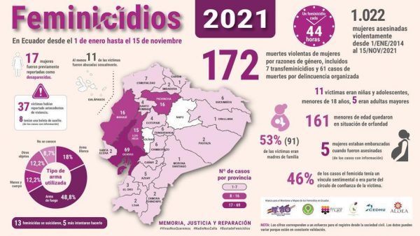 Imagen: Reporte de femicidios de organizaciones sociales, al 15 de noviembre de 2021. Alianza para el Monitoreo y Mapeo de los Femicidios en Ecuador. Imagen: Reporte de femicidios de organizaciones sociales, al 15 de noviembre de 2021. Alianza para el Monitoreo y Mapeo de los Femicidios en Ecuador.