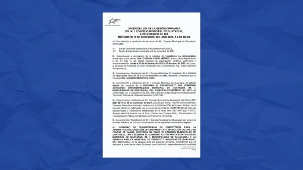 Imagen: Documento del orden del día en el que se conoció y aprobó las vacaciones de Viteri. Imagen: Documento del orden del día en el que se conoció y aprobó las vacaciones de Viteri.
