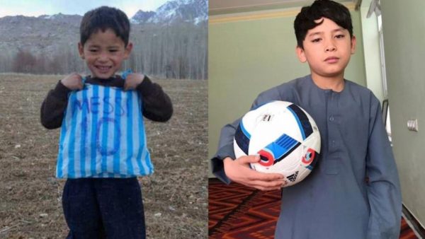 Imagen: En 2016 fue fotografiado con una camiseta fabricada con una bolsa de plástico con la selección argentina y el nombre de Messi. Actualmente, a sus diez años, huye con su familia de los ataques talibanes. Imagen: En 2016 fue fotografiado con una camiseta fabricada con una bolsa de plástico con la selección argentina y el nombre de Messi. Actualmente, a sus diez años, huye con su familia de los ataques talibanes.