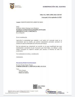 Imagen: Carta de renuncia del Gobernador del Guayas Imagen: Carta de renuncia del Gobernador del Guayas