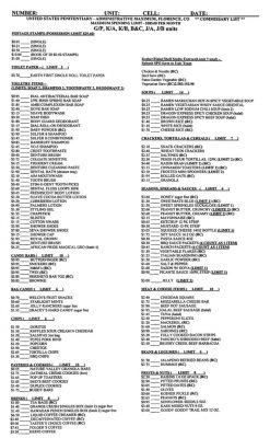Imagen: La lista de precios de alimentos de la prisión de máxima seguridad de ADX en Florence, Colorado (Foto: www.bop.gov) Imagen: La lista de precios de alimentos de la prisión de máxima seguridad de ADX en Florence, Colorado (Foto: www.bop.gov)