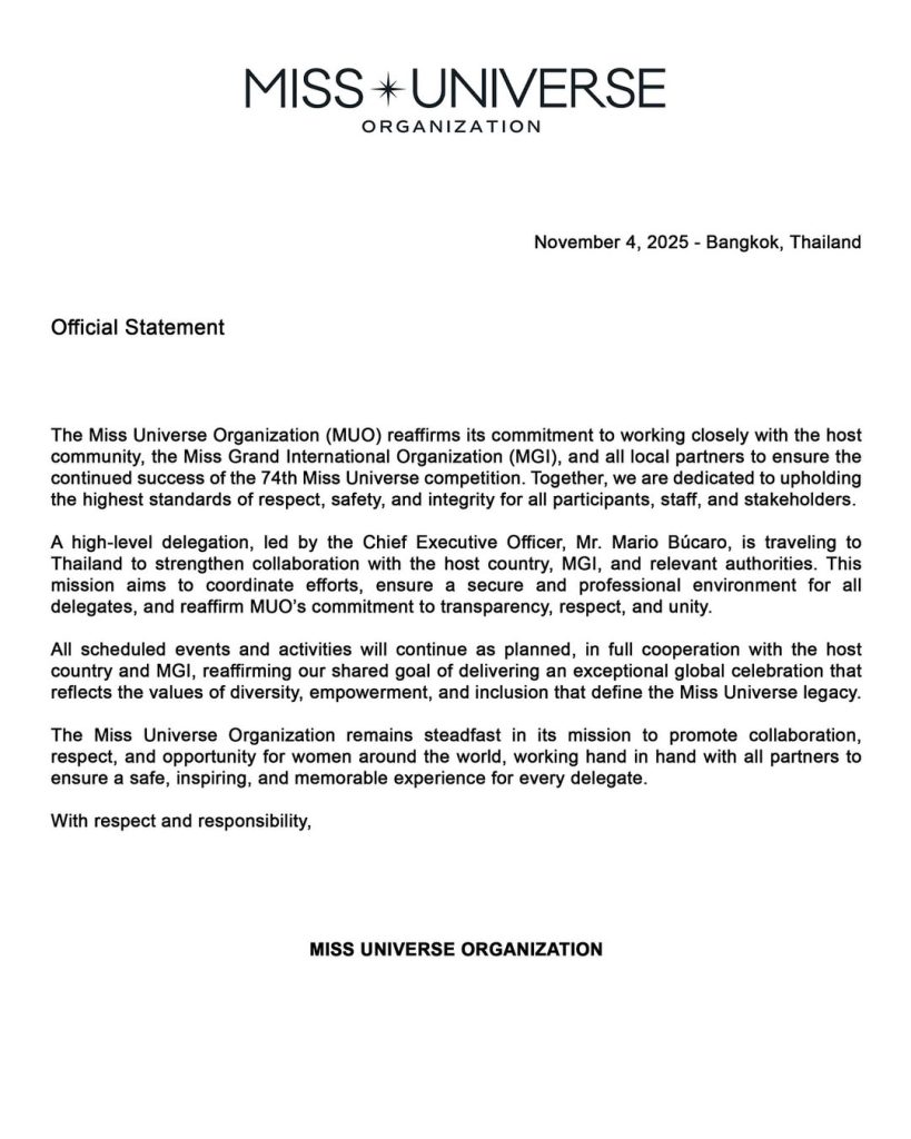 La Organización Miss Universo (MUO) se pronunció este 4 de noviembre para abordar la crisis y reafirmar su postura.