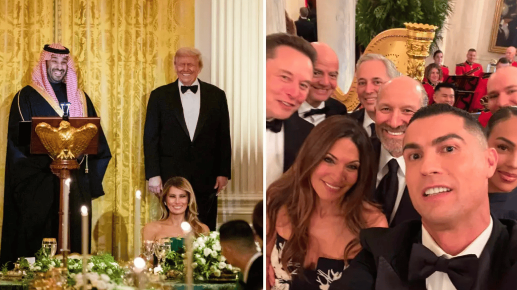 Cristiano Ronaldo toma una selfie durante la cena en la Casa Blanca en honor a Mohammed bin Salman.