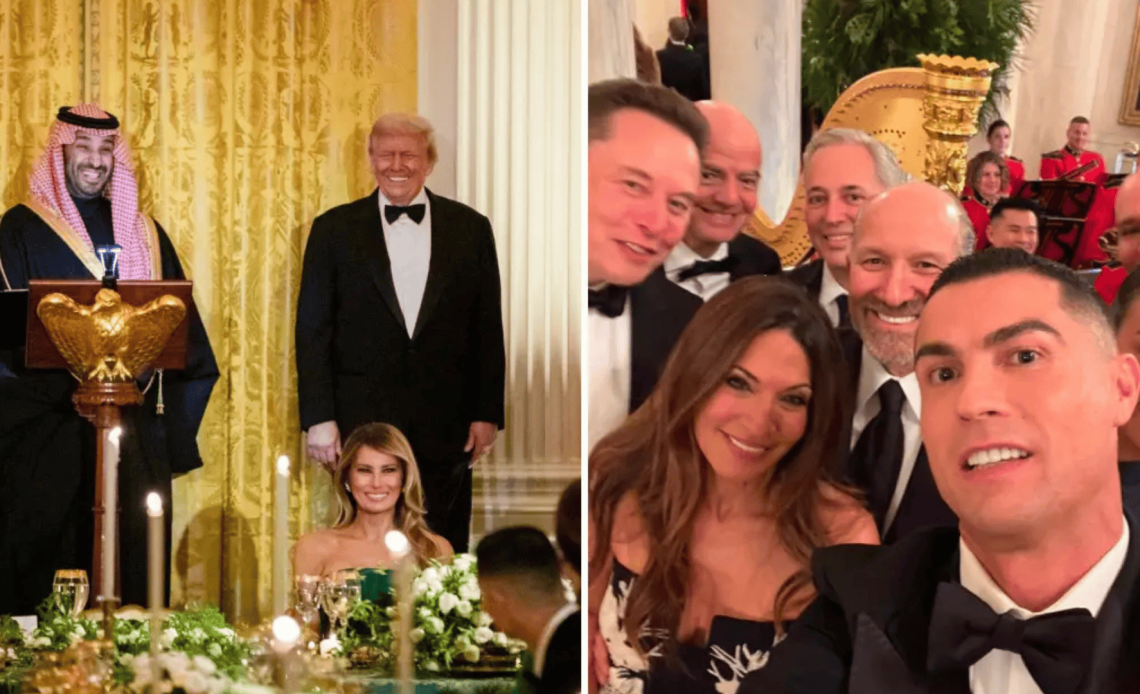 Cristiano Ronaldo toma una selfie durante la cena en la Casa Blanca en honor a Mohammed bin Salman.