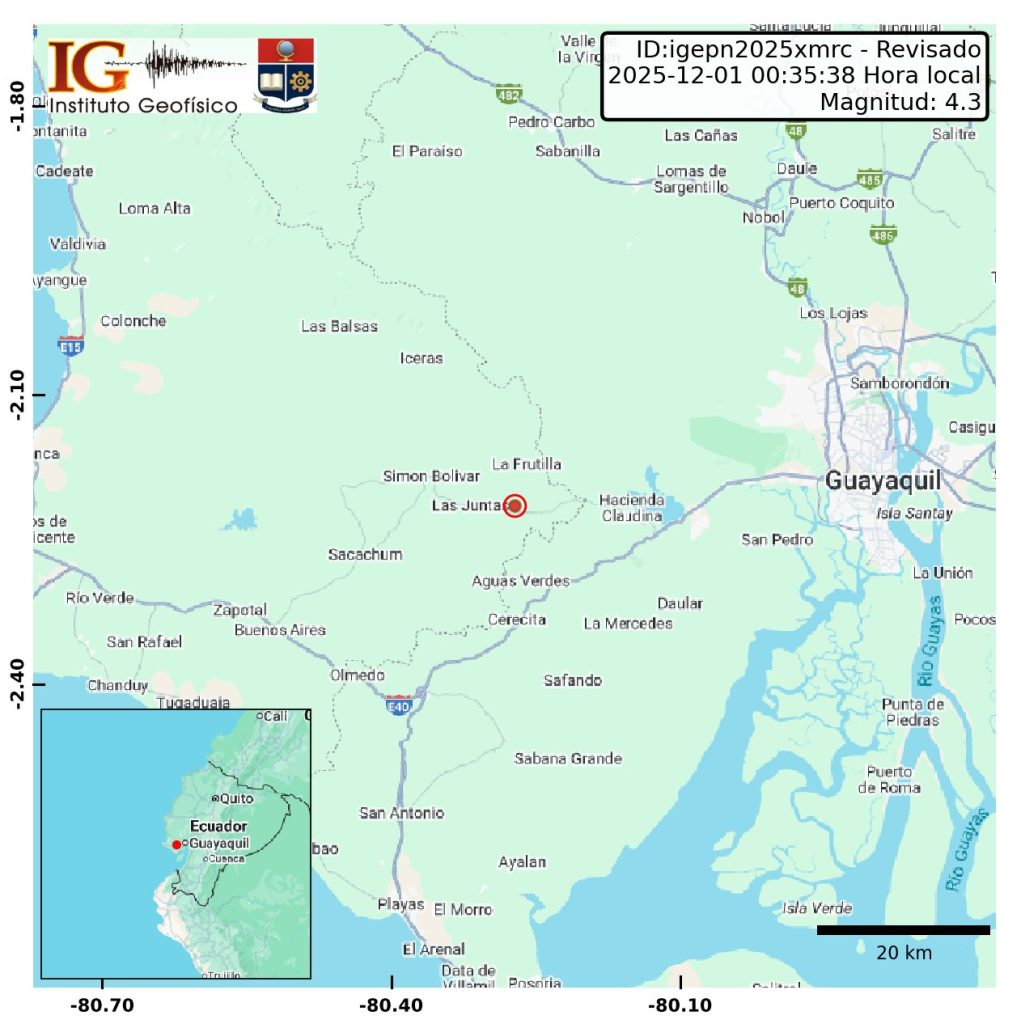 De acuerdo con el parte técnico, el evento tuvo una profundidad de 55.0 km, con latitud 2.215° Sy longitud 80.272° W.