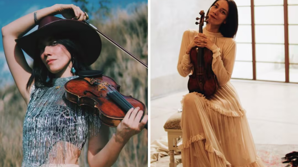 Esmeralda Camacho, violinista del equipo de Christian Nodal, durante una presentación en vivo que la llevó a convertirse en tendencia en redes sociales.