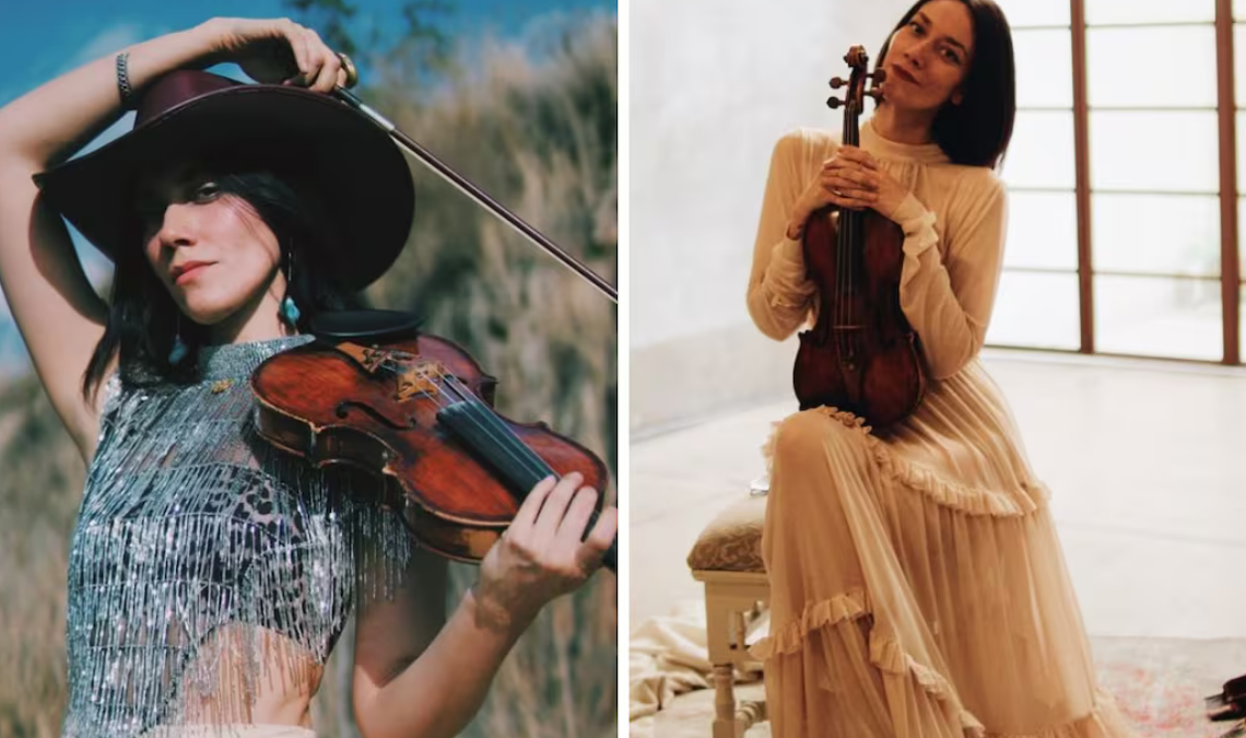 Esmeralda Camacho, violinista del equipo de Christian Nodal, durante una presentación en vivo que la llevó a convertirse en tendencia en redes sociales.
