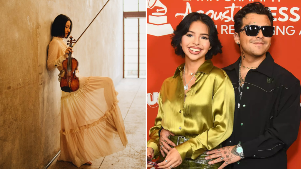 Esmeralda Camacho, violinista del equipo de Christian Nodal, durante una presentación en vivo que la llevó a convertirse en tendencia en redes sociales.