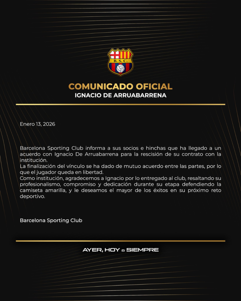 Barcelona Sporting Club confirmó oficialmente la salida del portero uruguayo Ignacio De Arruabarrena.