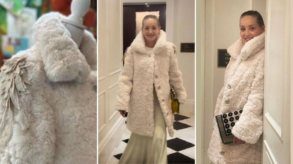 Sharon Stone luciendo un abrigo diseñado por Max. Imagen Couture to the Max.