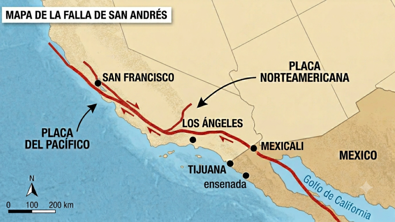 Mexicali, Tijuana, Ensenada, San Francisco, Los Ángeles y otras ciudades se encuentran directamente sobre la falla