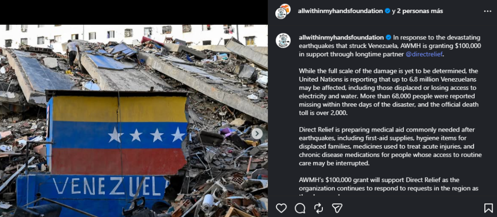 A través de su fundación All Within My Hands, Metallica donó 100 mil dólares para financiar las labores de asistencia médica y rescate en Venezuela