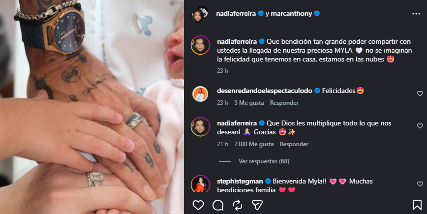 Marc Anthony y su esposa, Nadia Ferreira, anunciaron el nacimiento de su hija Myla a través de una emotiva publicación en Instagram.