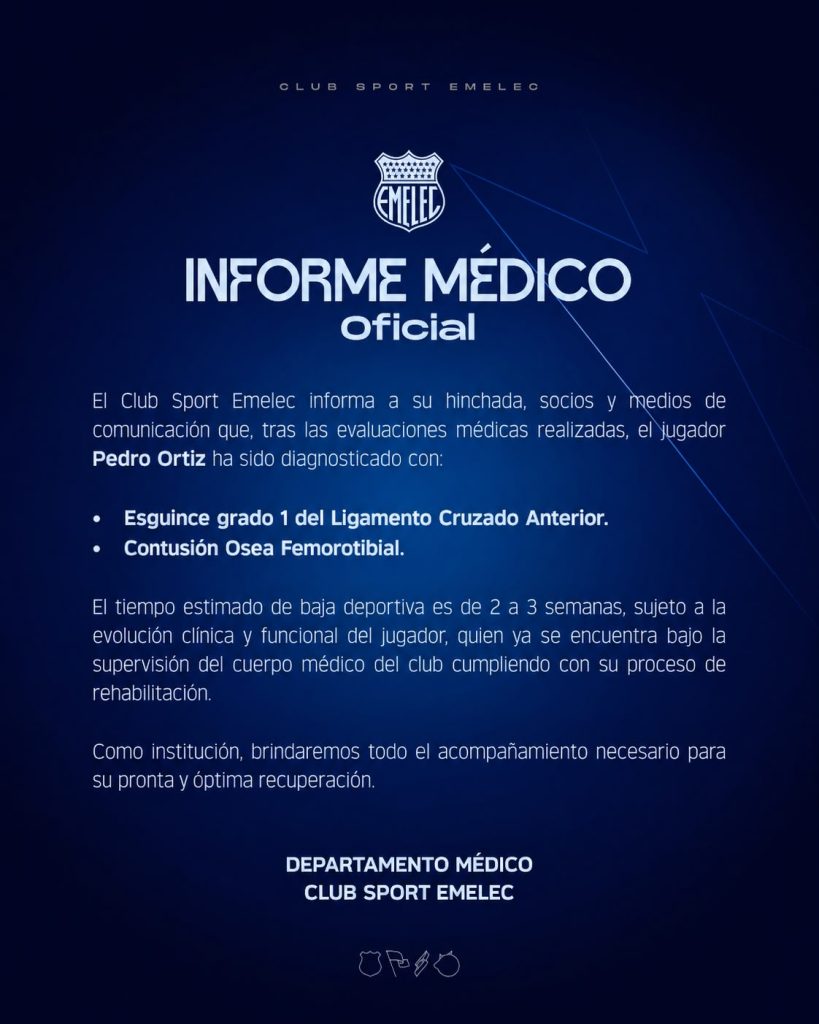 Emelec emitió un comunicado oficial en sus redes sociales sobre el estado de Ortiz.