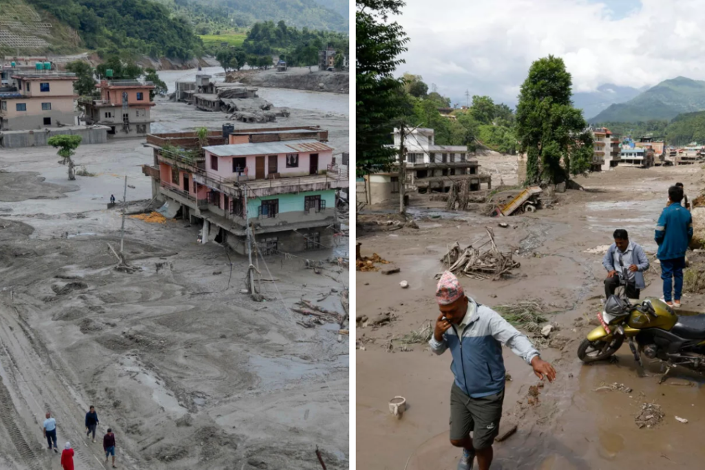 Vista aérea de una comunidad cubierta por lodo y escombros tras la devastadora riada en Nepal. Foto: La Razón. | Habitantes recorren calles cubiertas de lodo tras las inundaciones registradas en Nepal. Foto: ORAIN.