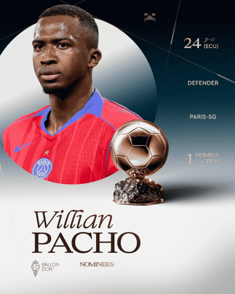 France Football confirmó la nominación oficial de Willian Pacho entre los 30 candidatos al Balón de Oro 2026